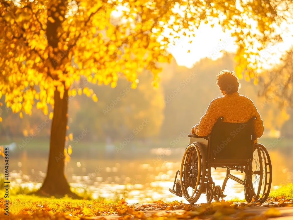 A wheelchair user enjoying nature at a scenic park, concept of accessibility and freedom A wheelchair user enjoying nature at a scenic park, concept of accessibility and freedom