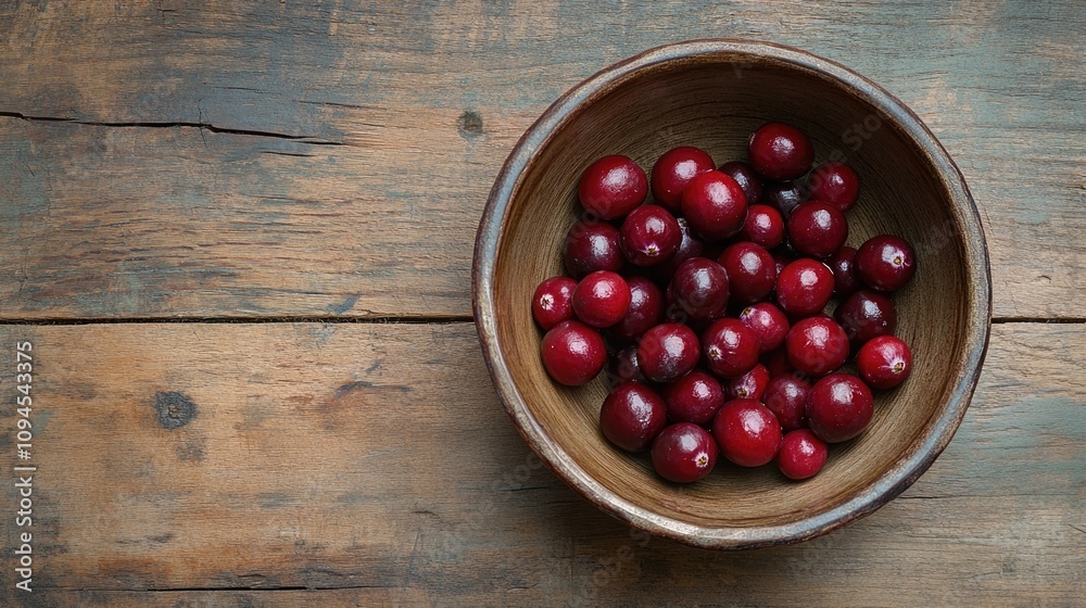 Vibrant red cranberries arranged in a wooden bowl atop a textured rustic wooden table, showcasing their natural shine and rich color. Vibrant red cranberries arranged in a wooden bowl atop a textured rustic wooden table, showcasing their natural shine and rich color.