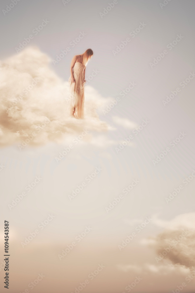 Naklejka premium woman on a cloud looking down, abstract concept