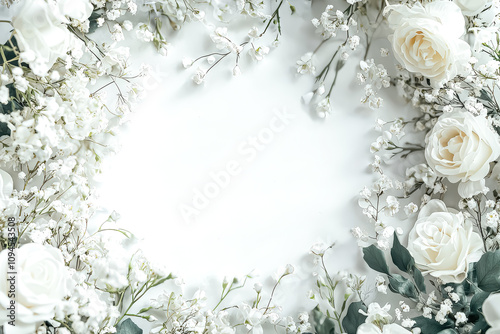 White flower arrangement with a white background. The flowers are arranged in a way that creates a sense of movement and flow. Scene is serene and calming, as the white flowers