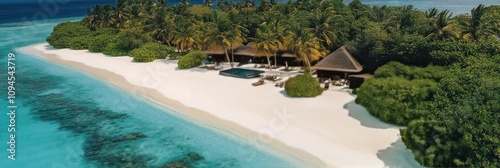 Tropical island resort with sandy beach and crystal clear water during sunny day