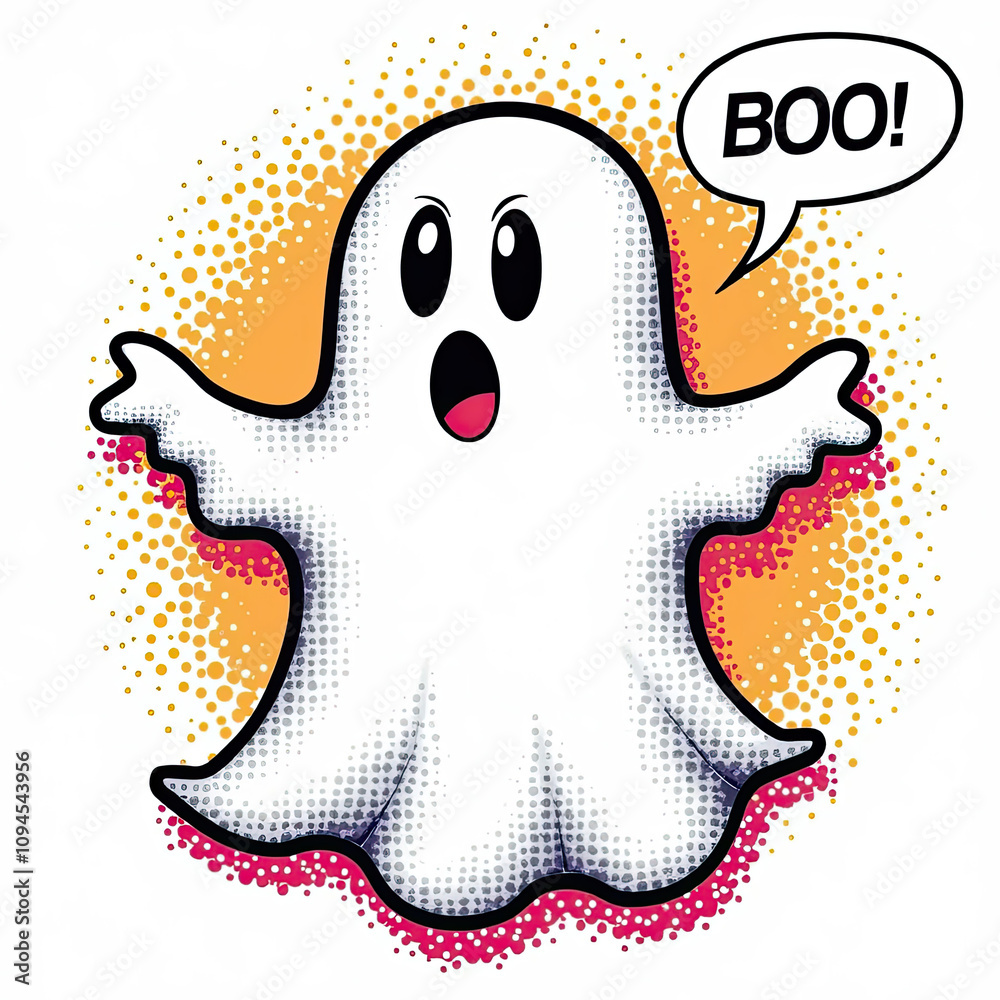 A fun cartoon ghost shouting “Boo” in a playful, spooky design, perfect for Halloween-themed projects and decorations.