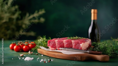 Fresh steak with herbs and ingredients ready for cooking in a rustic kitchen ...