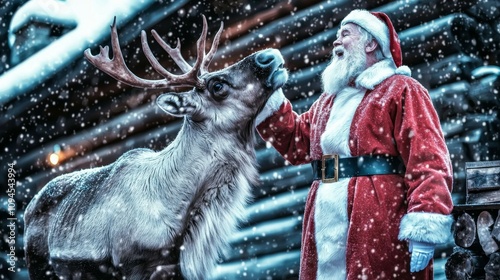 Santa Claus playing with his reindeer, surrounded by falling snowflakes Highlighting joy and the Christmas winter atmosphere 