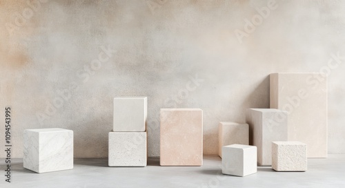 Modern display of geometric stone blocks in minimalist interior space showcas...