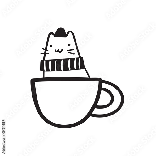 Cat wearing hat and scarf sitting in a coffee cup. Vector design. Outline isolated icon. Illustration on white background.