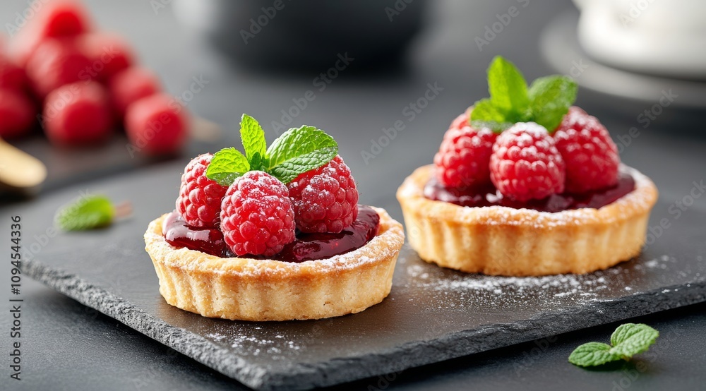 Delicious raspberry tarts on a black serving platter in a modern kitchen setting Delicious raspberry tarts on a black serving platter in a modern kitchen setting