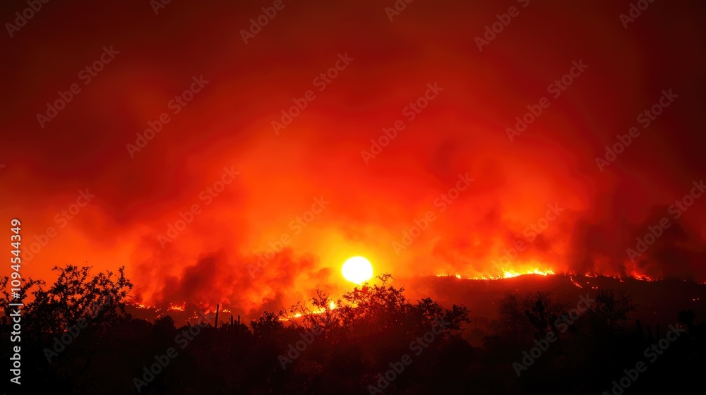 Dramatic dark red sky filled with smoky haze from wildfires, showcasing the stark effects of climate change and environmental impact on the landscape. Dramatic dark red sky filled with smoky haze from wildfires, showcasing the stark effects of climate change and environmental impact on the landscape.