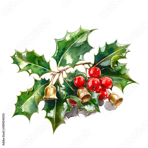 A watercolor vector of Holly Berry, isolated on a white background. Holly Berry vector.
