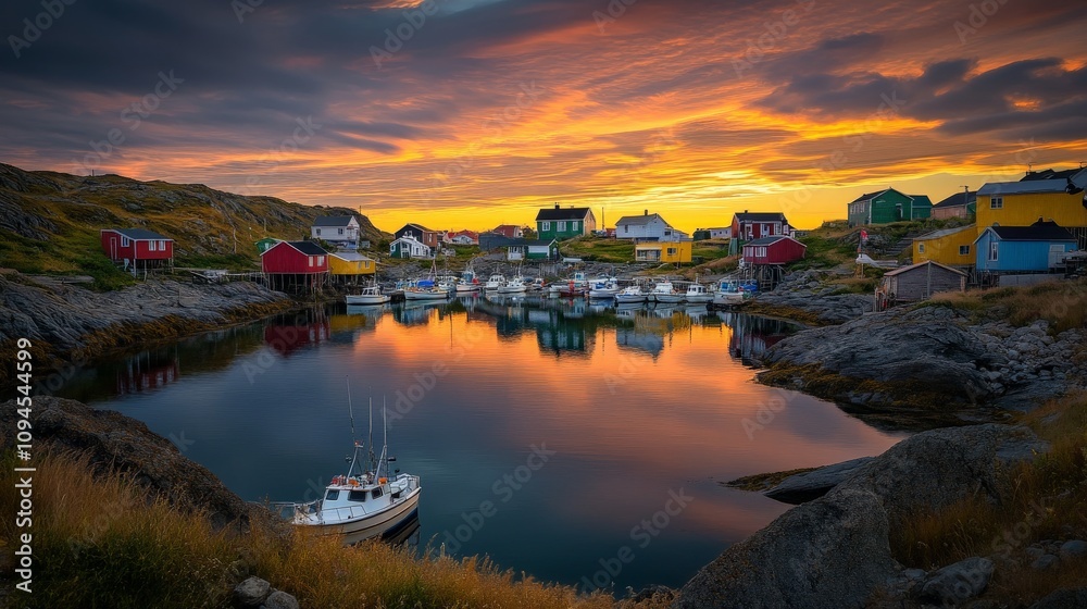 Obraz premium Vibrant Sunset Over Fishing Village in Harbor Reflection