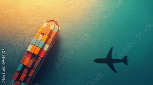 Cargo ship sails on calm waters while airplane flies above during sunset hour