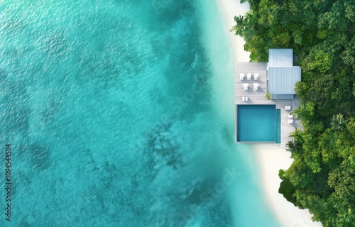 Luxurious swimming pool overlooking crystal clear ocean surrounded by lush tr...