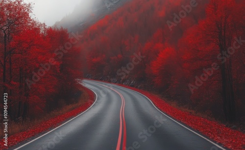 Curving road surrounded by vibrant red foliage in autumn landscape