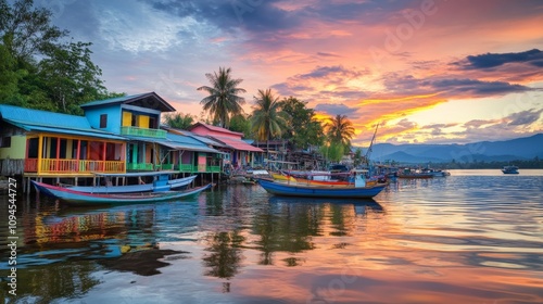 Vibrant Fishing Village at Sunset with Reflections