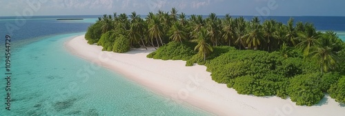 Tropical island resort with sandy beach and crystal clear water during sunny day