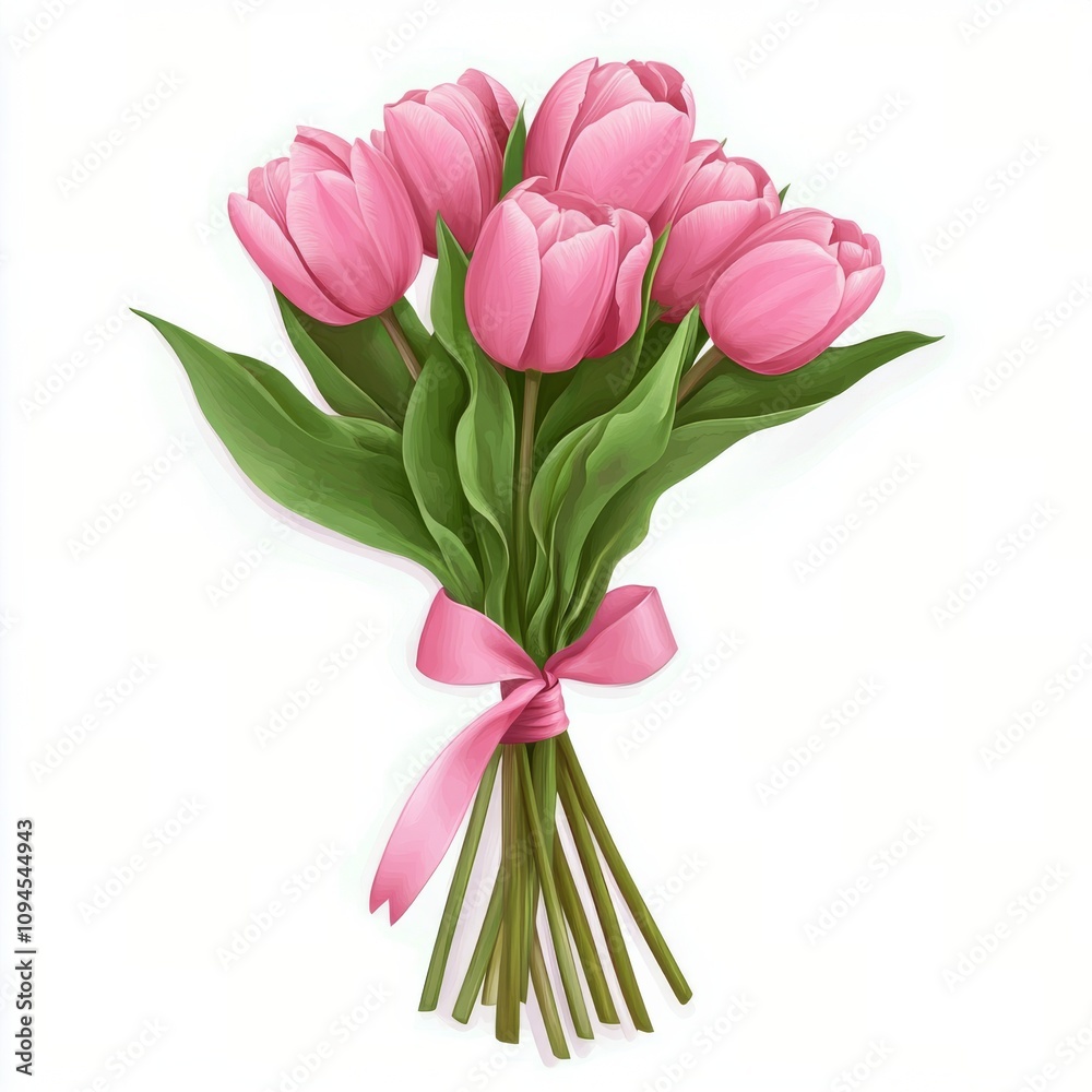 Fototapeta premium Beautiful bouquet of pink tulips wrapped with a ribbon on a white background