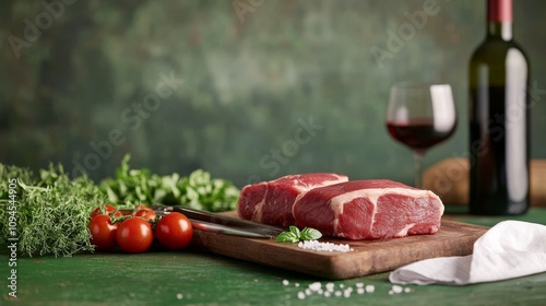 Fresh steak with herbs and ingredients ready for cooking in a rustic kitchen ...