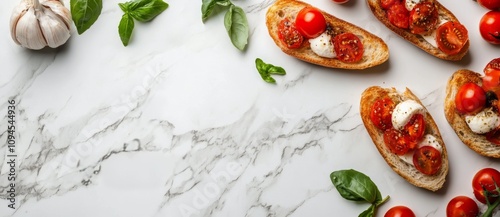 Delicious homemade bruschetta with fresh ingredients on a marble countertop