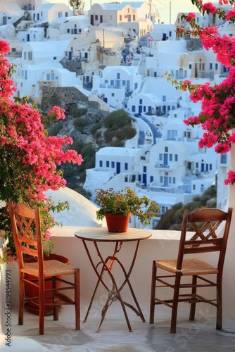 Sunset view from a terrace with bougainvillea in Santorini, Greece, highlight...