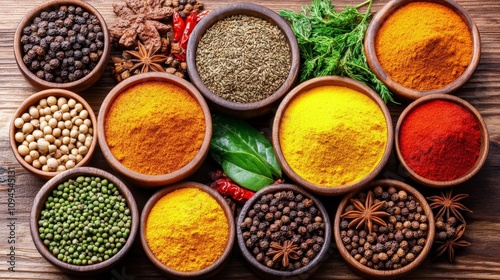 Vibrant Spices for Indian Cooking on Wooden Background