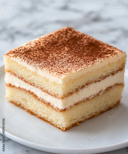 Delicious slice of layered cake topped with cinnamon on a white plate