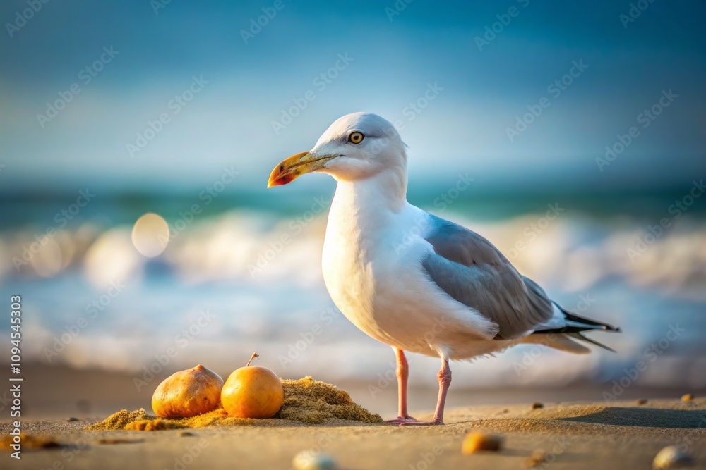 Obraz premium Minimalist Seagull Observing Food with Intense Focus on a Beach Setting, Capturing the Essence of Nature and Wildlife Interaction in a Serene Atmosphere