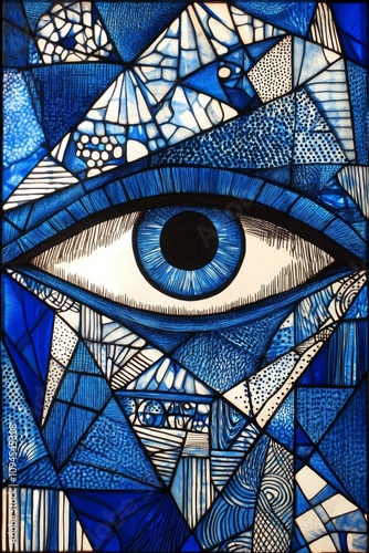 Stunning blue stained glass window featuring an eye design in intricate geome...