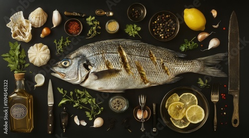 Fresh fish and colorful vegetables arranged beautifully for a culinary presen...
