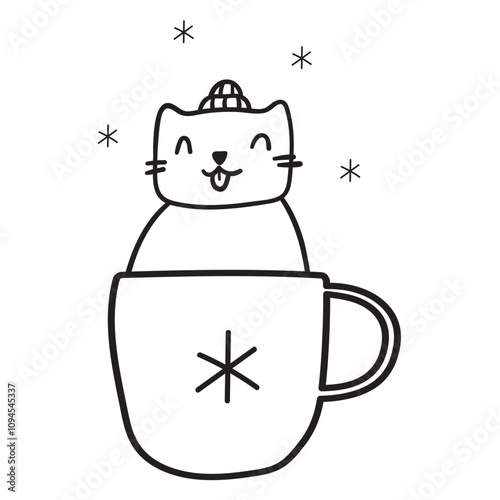 Smiling cat sitting in a coffee cup. Outline icon. Hand drawn vector illustration on white background.