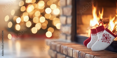 Cozy holiday setting with festive stockings by the fireplace and a beautifull...