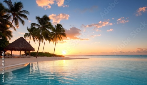 Serene sunset view over a tranquil pool with palm trees by the beach
