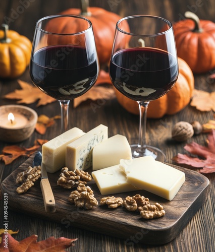 Enjoying a cozy wine and cheese pairing with a touch of autumn ambiance