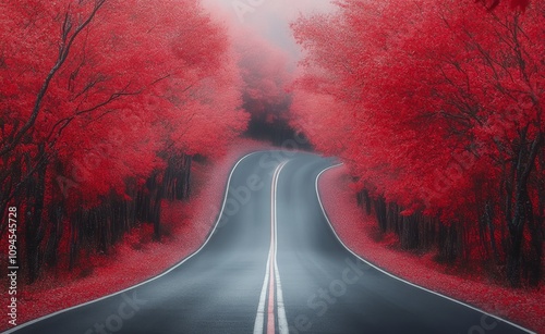 Curving road surrounded by vibrant red foliage in autumn landscape