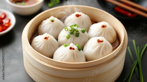 Steamed dumplings served in a bamboo basket with fresh green onions and sauces
