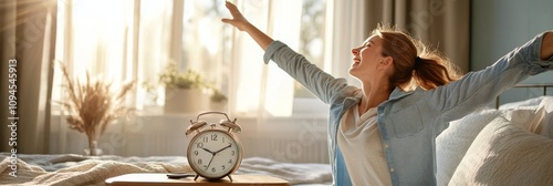 Morning routine of a woman joyfully waking up to the sunlight and a clock on ...
