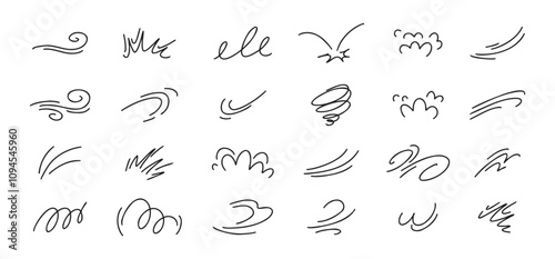 Doodle line wind moving set. Breath of the typhoon. Flat wind moves Vector isolated illustration