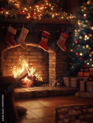 Cozy fireplace with holiday stockings and festive decorations during winter s...