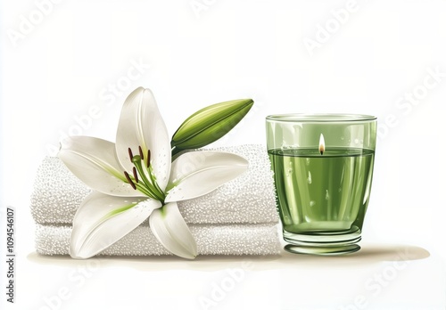 Relaxing spa setup featuring a white lily and a scented candle