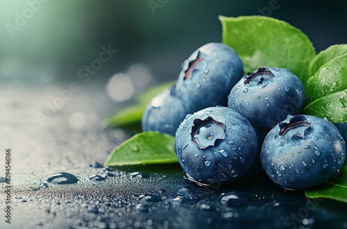 Fresh blueberries with droplets and green leaves on a dark surface