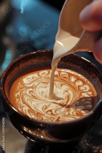 Creating intricate latte art with frothed milk and coffee in a cozy cafe setting