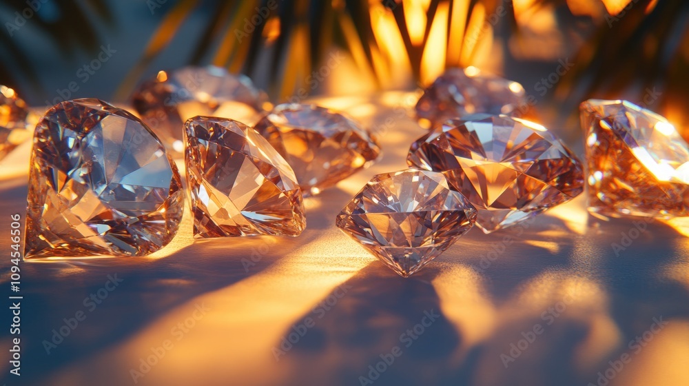 Close-up of sparkling multi-shaped diamonds in various sizes, illuminated by warm light and casting intricate shadows on the surface. Close-up of sparkling multi-shaped diamonds in various sizes, illuminated by warm light and casting intricate shadows on the surface.