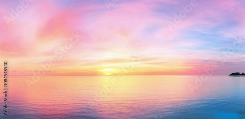 Beautiful sunset over calm ocean waters in pastel hues near a tropical island