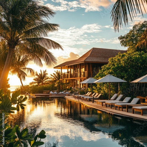 Tropical resort with sunset view and palm trees near a serene pool setting