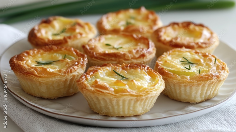 Mini quiches baked to golden perfection, featuring a creamy filling of cheddar cheese and leeks, garnished with fresh herbs on a white plate. Mini quiches baked to golden perfection, featuring a creamy filling of cheddar cheese and leeks, garnished with fresh herbs on a white plate.