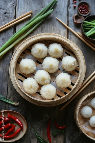 Steamed dumplings in bamboo basket with fresh herbs and chilies on wooden table