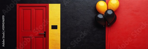 Brightly colored wall with red doors and balloons in yellow, black, and red