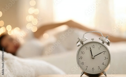 Classic alarm clock on bedside table with cozy lights and soft focus backgrou...