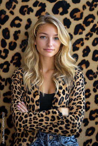 Fashionable woman poses in leopard print cardigan against animal print backgr...
