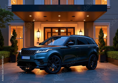 Modern luxury SUV parked in front of a stylish suburban home during twilight hours