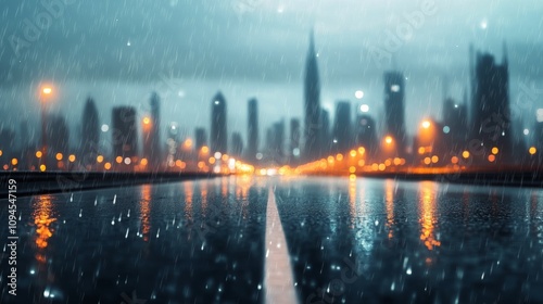 City skyline at night during rain with reflections and blurred lights